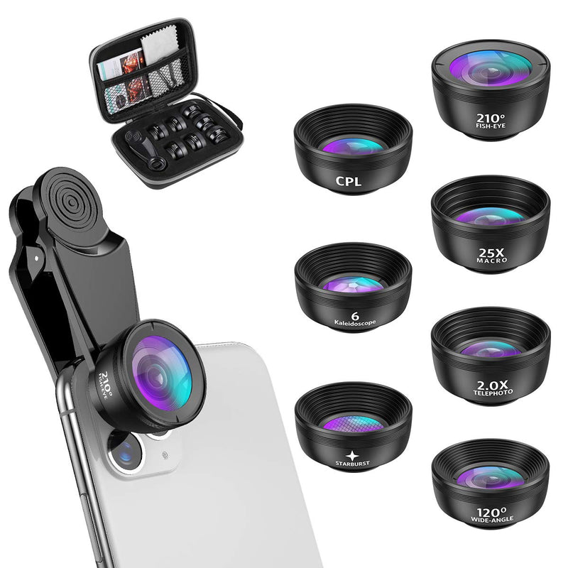  [AUSTRALIA] - Criacr Phone Camera Lens, 210 °Fisheye Lens + 120 °Wide Angle + 25X Macro + 2X Telephoto + Star Lens + CPL + 6 Kaleidoscope 7 in 1 Phone Lens Kit Compatible with iPhone/Samsung/Google Pixel etc