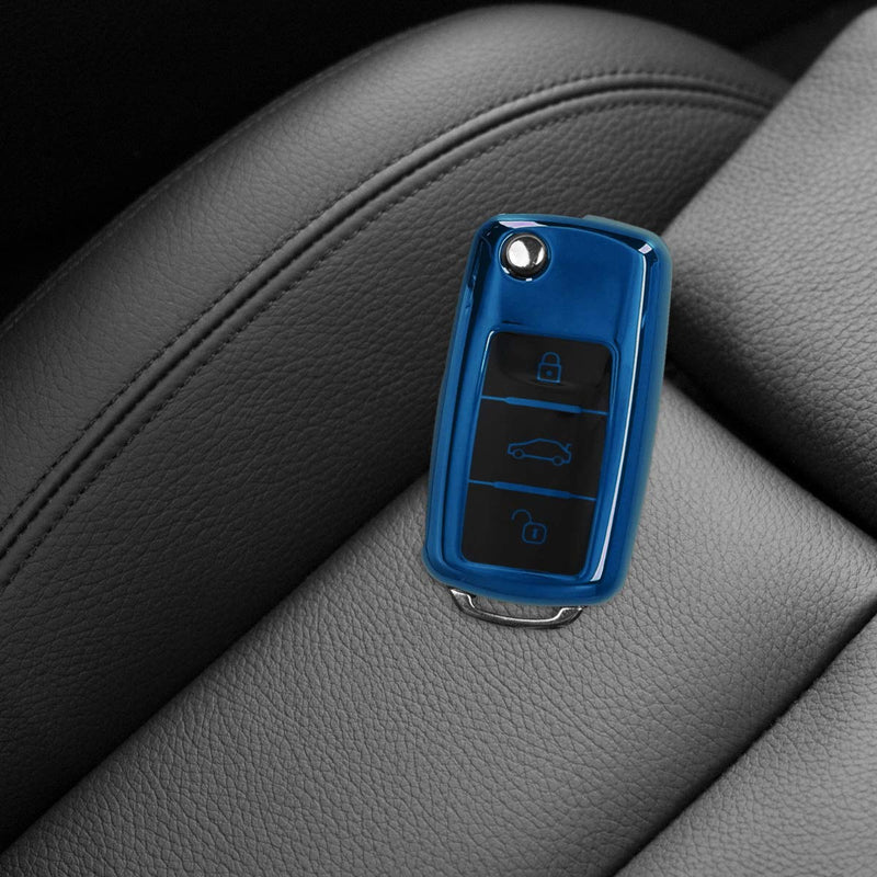  [AUSTRALIA] - kwmobile Car Key Cover for VW Skoda Seat - TPU Key Fob Cover with Varnished Buttons for VW Skoda SEAT 3 Button Car Key - Blue High Gloss