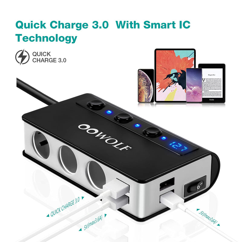  [AUSTRALIA] - OOWOLF Cigarette Lighter Adapter Quick Charge 3.0 180W 12V/24V 3-Socket Power Splitter 4 USB Ports Car Power Adapter Car Splitter for GPS, Dash Cam, Sat Nav, Phone, Tablet, etc Gray