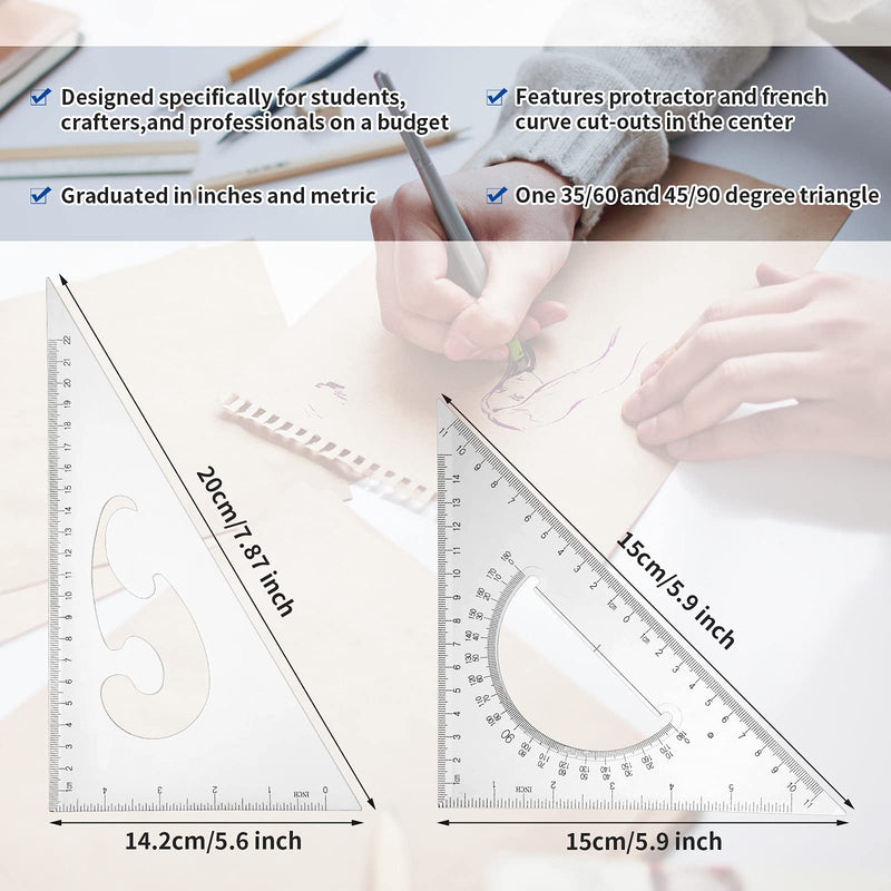  [AUSTRALIA] - 5 Pieces Drafting Tools Plastic Transparent Rulers Drawing Ruler 12 Inch T-Square 180 Degree Protractor, 2 Triangles and a French Curve for Students and Engineering Drawing