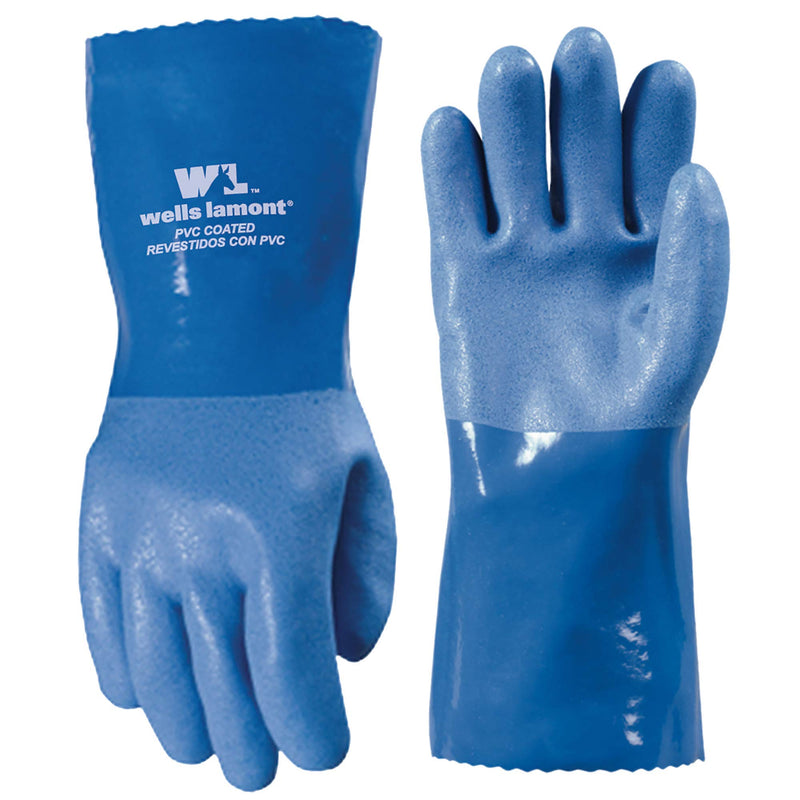  [AUSTRALIA] - Wells Lamont Heavy Duty PVC Coated Work Gloves | Liquid/Chemical, Abrasion & Cut Resistant, Waterproof | Versatile, Flexible, Durable | Cotton Lining, Large (174L) , 12 inch Cuff , Blue