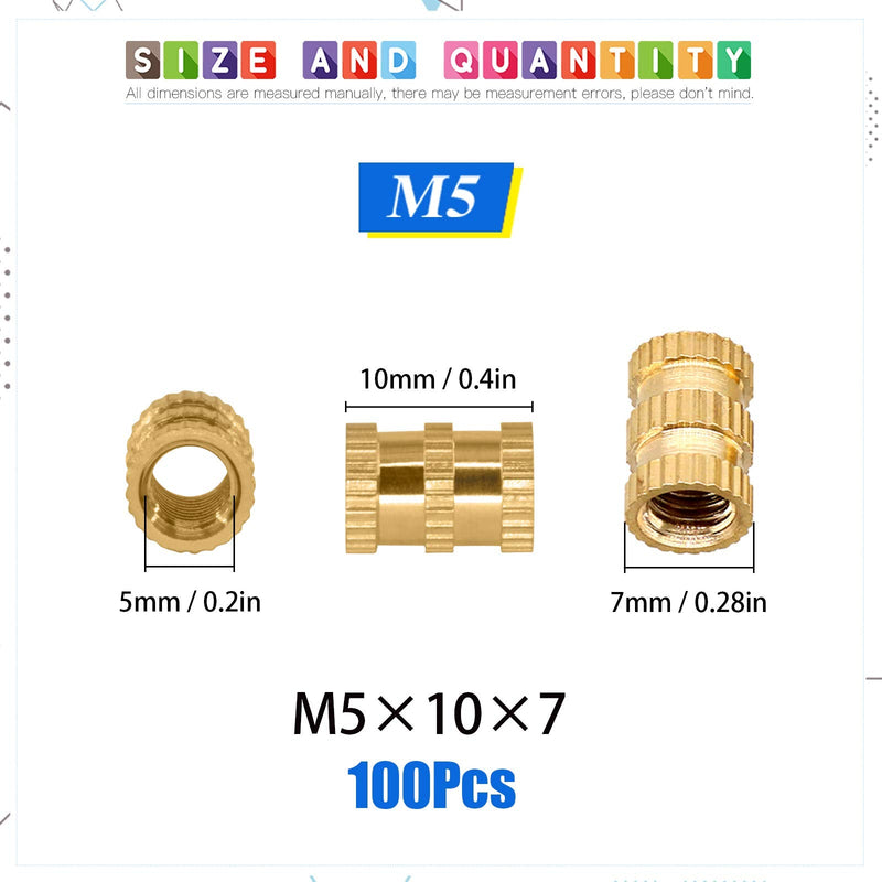  [AUSTRALIA] - Glarks 100Pcs M5 x 10 x 7mm Female Thread Knurled Brass Threaded Insert Embedment Nut for 3D Printing Projects M5x10x7mm