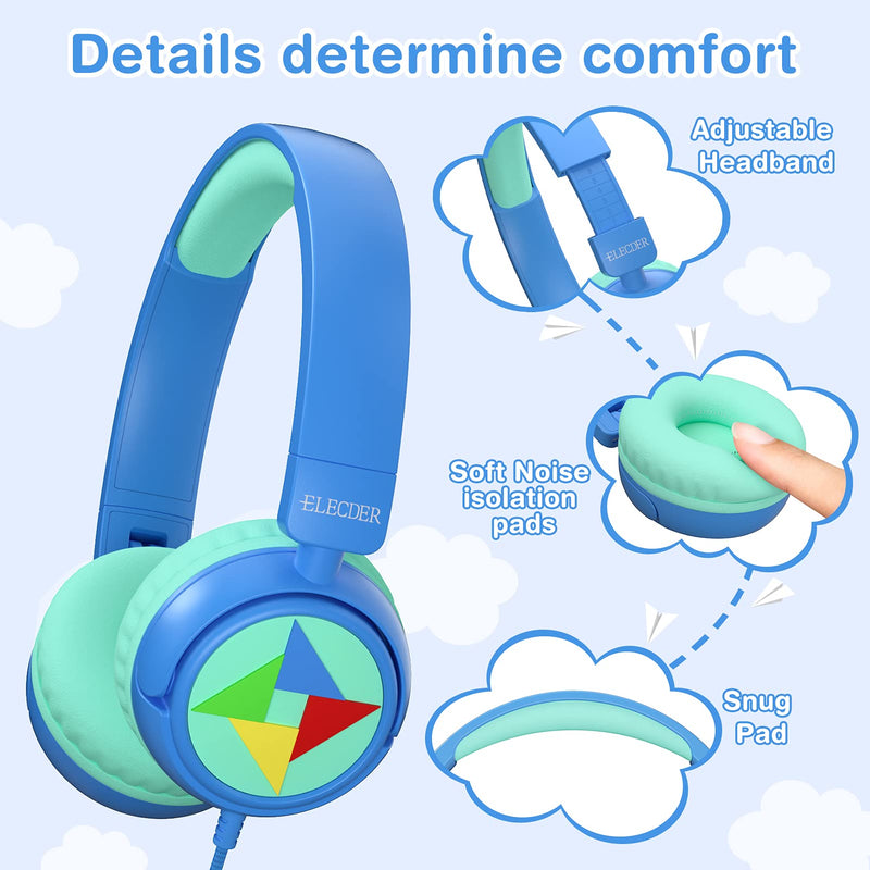  [AUSTRALIA] - Elecder i43 Kids Headphones with Microphone 85 dB 94dB Volume Limited On Ear Headphones for Kids Girls Boys Foldable Adjustable Wired Headphones with 3.5mm Jack for Cellphones PC Kindle School Tablet Blue