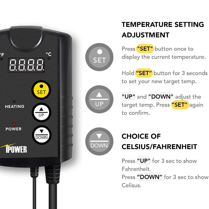  [AUSTRALIA] - iPower GLHTMTCONTROL-A Digital Heat Mat Thermostat Controller for Seed Germination, Rooting Fermentation, Reptiles and Brewing, 40 – 108 Degree Fahrenheit, 1000W, Black