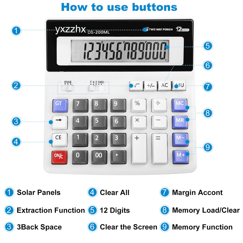  [AUSTRALIA] - Desk Calculator, Two Way Power Battery and Solar Calculators Desktop, Big Buttons Easy to Press Used as Office Calculators for Desk, 12 Digit Calculators Large Display Clearly