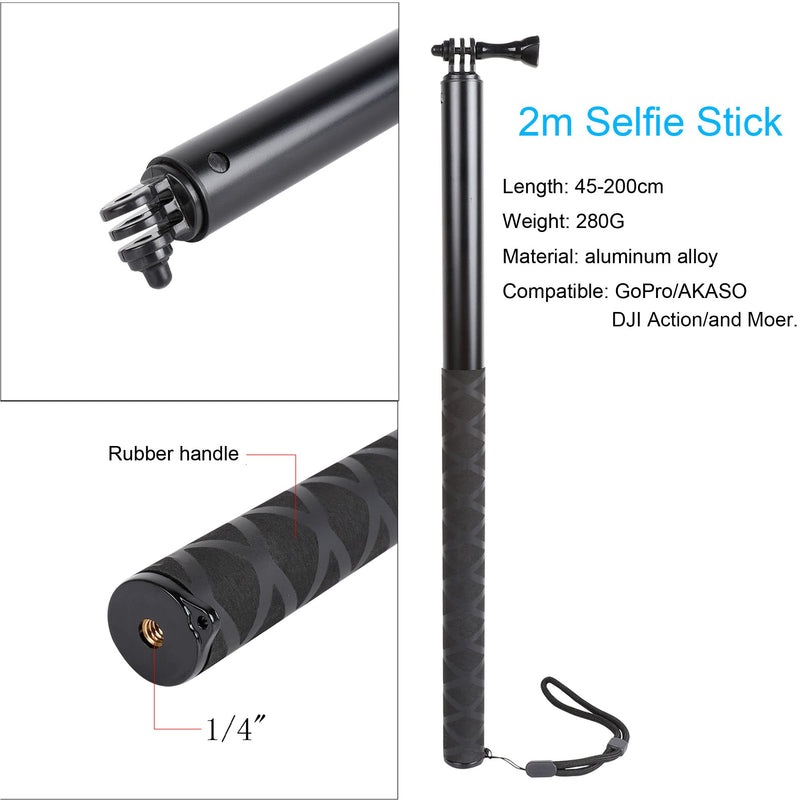  [AUSTRALIA] - 79inch Long Selfie Stick for GoPro 11 10 9 8 7 6 5 Blcak 4 Silver Go Pro Max Session, DJI Osmo Action 2,AKASO,Insta360 One R Cameras, 45-200cm Extendable Pole Monopod