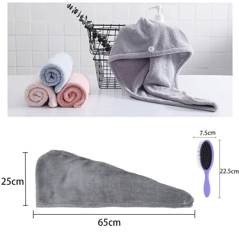  [AUSTRALIA] - Hair Towel Wrap for Women, Microfiber Hair Drying Towel Wrap with Button，Super Absorbent Hair Towel with Hair Brush (1 Dark Grey+1 Light Grey) 1 Dark Grey+1 Light Grey
