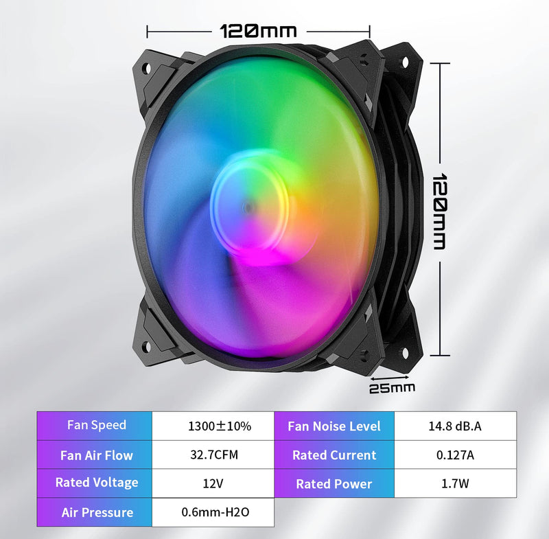  [AUSTRALIA] - upHere Long Life 120mm 3-Pin High Airflow Quiet Edition Rainbow LED Case Fan for PC Cases, CPU Coolers, and Radiators 3-Pack,(PF120CF3-3)