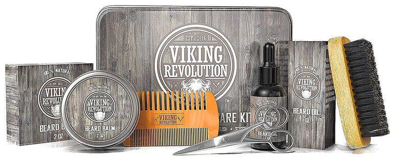 Viking Revolution Beard Care Kit for Men - Ultimate Beard Grooming Kit includes 100% Boar Men’s Beard Brush, Wooden Beard Comb, Beard Balm, Beard Oil, Beard & Mustache Scissors in a Metal Box 6 Piece Set - LeoForward Australia