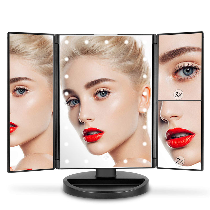  [AUSTRALIA] - deweisn Tri-Fold Lighted Vanity Mirror with 21 LED Lights, Touch Screen and 3X/2X/1X Magnification, Two Power Supply Mode Make up Mirror,Travel Mirror Black
