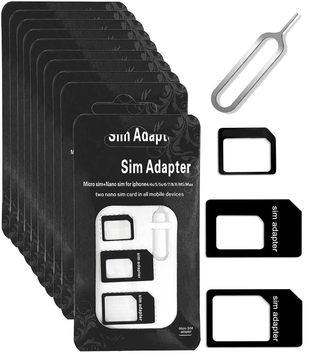  [AUSTRALIA] - 10 Sheets SIM Card Adapter Kit, 4 in 1 Nano Micro Standard Converter Kit Replacement with SIM Tray Eject Removal Tool Steel Ejector Pin 1, Black,Compatible with iPhone iPad Samsung Galaxy HTC Nokia