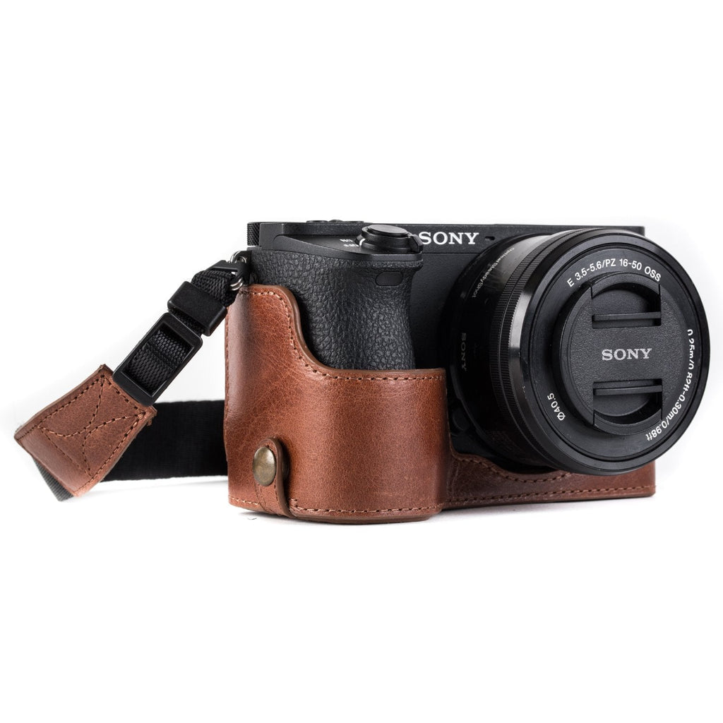  [AUSTRALIA] - MegaGear MG1204 Sony Alpha A6500 Ever Ready Genuine Leather Camera Half Case & Strap with Battery Access, Dark Brown