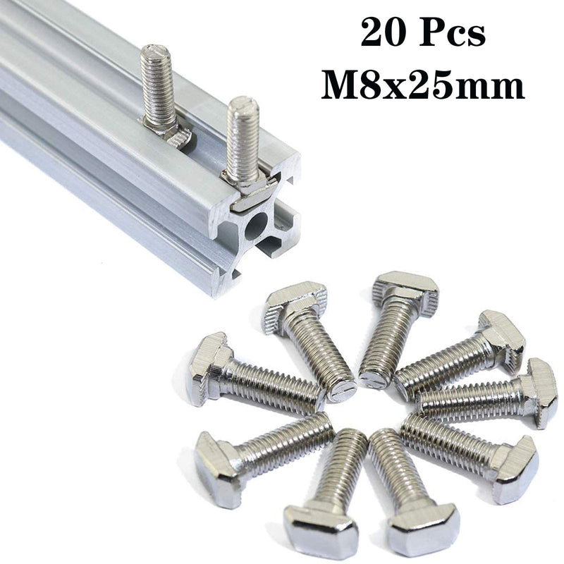  [AUSTRALIA] - 20 Pcs M8 x 25mm Thread T Slot Drop-in Bolt T-Bolt Hammer Head Bolt T Screw Stud for 4040 Series Standard 8mm T-Slot Aluminum Extrusion Profile (4040 Series) M8x25mm