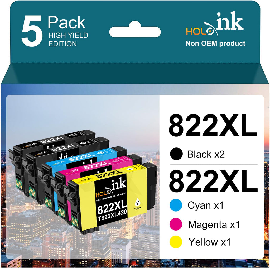  [AUSTRALIA] - 5 Pack 822XL Remanufactured Replacement for Epson 822XL Ink Cartridges T822XL for EPSON Workforce Pro WF-3820 WF-4820 WF-4830 WF-4833 WF-4834 Printers (2 Black, 1 Cyan, 1 Magenta, 1 Yellow) 2 Black Cyan Magenta Yellow