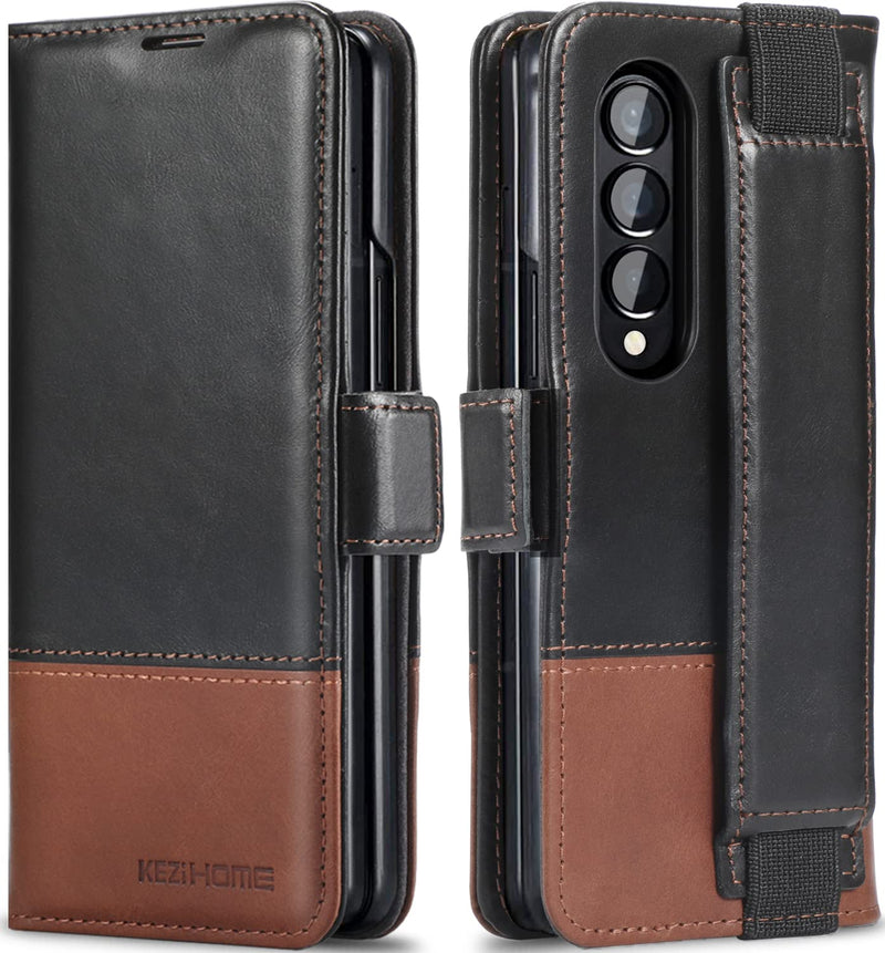  [AUSTRALIA] - KEZiHOME Samsung Galaxy Z Fold 4 Case, Genuine Leather Galaxy Z Fold 4 Wallet Case [RFID Blocking] with Card Holder Flip Kickstand Magnetic Case Compatible with Samsung Z Fold 4 5G (Black/Brown) Black/Brown