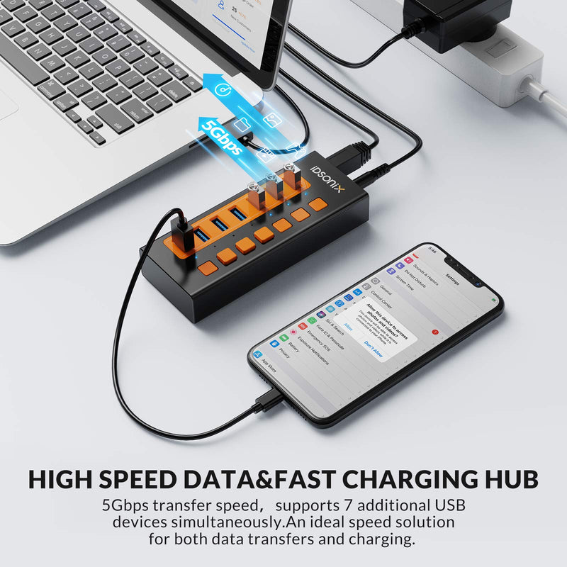iDsonix USB 3.0 Hub, 7-Port 12V / 2A Powered USB Hub BC1.2 (5V2.4A) Fast Charge 5Gbps High Speed Transfer with Individual Switches Aluminum Alloy USB Splitter for Laptop, PC, HDD, SSD and More 7-PORT Black-Orange - LeoForward Australia