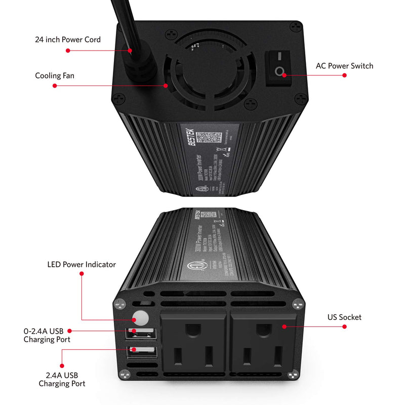  [AUSTRALIA] - BESTEK 300W Power Inverter DC 12V to 110V AC Car Inverter with 4.2A Dual USB Car Adapter (Black) Black