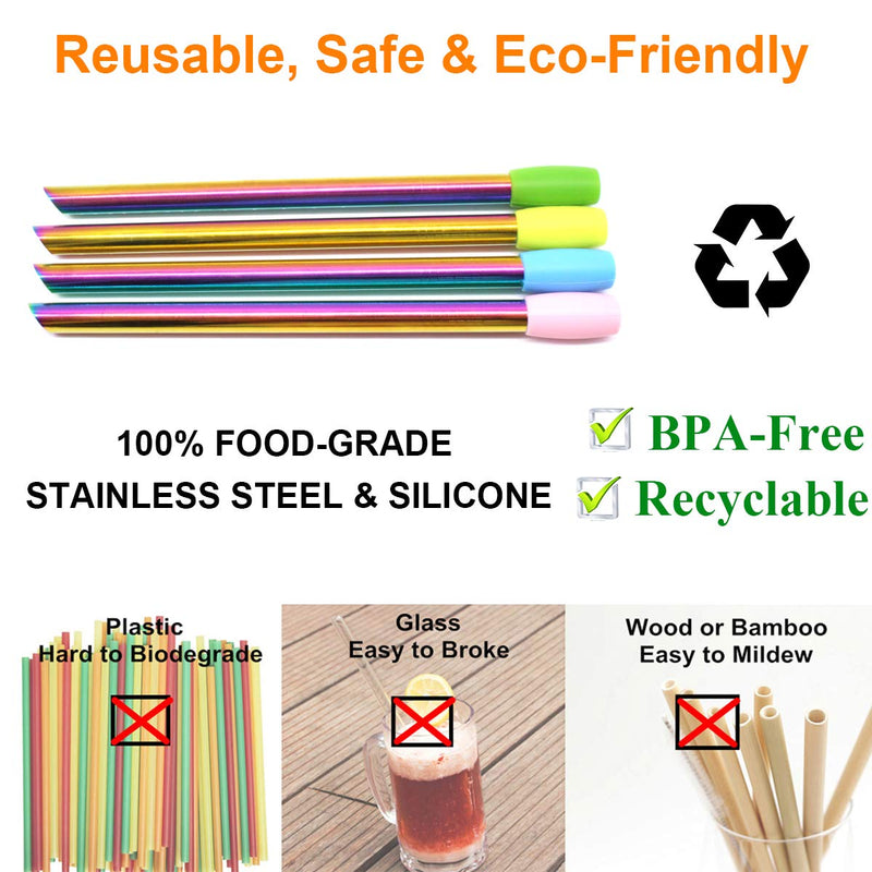  [AUSTRALIA] - Reusable Boba Smoothie Straw Rainbow Metal Straws Wide Thick Fat Angled Tip Sharp End Milkshake Jumbo Bubble Tea Straws With Carry Case Bag Silicone Tips Cleaning Brush 12mm 0.5in 4 Pack 0.5" x 8.5"-Colorful-4 Pcs