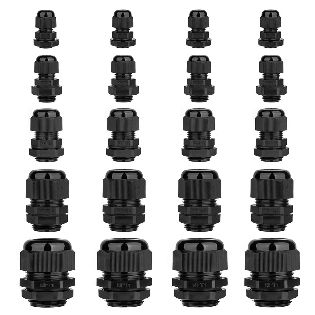  [AUSTRALIA] - AMPELE Cable Gland 20 Pack 3-25mm Waterproof Adjustable 1/4'', 3/8'', 1/2'', 3/4'', 1'' NPT Cable Gland Joints with Gaskets (Each 4 Pack, 20 Pack) Cable Gland Kit
