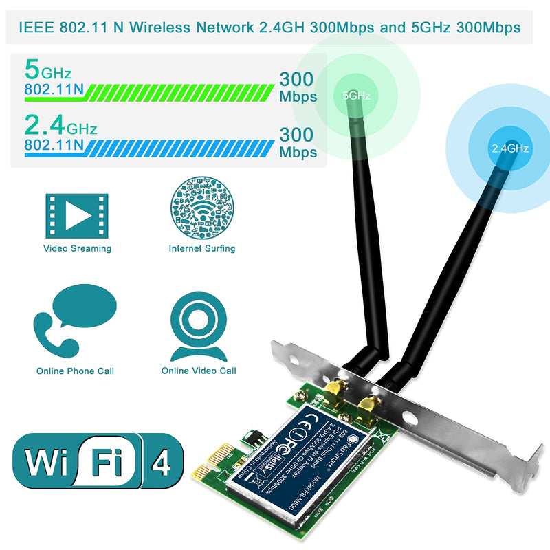  [AUSTRALIA] - FebSmart Wireless Dual Band N600 (2.4GHz 300Mbps or 5GHz 300Mbps) PCI Express Wi-Fi Adapter for Windows XP 7 8 8.1 10 Server System (32/64bit) Desktop PCs-2-Stream MIMO PCIE Wi-Fi Card (FS-N600)