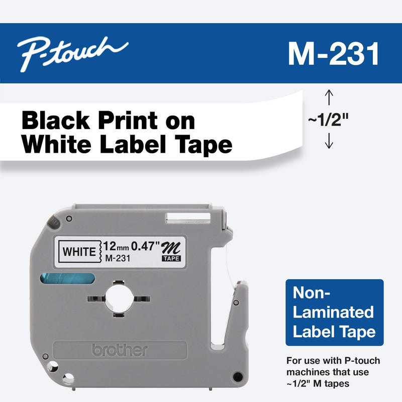  [AUSTRALIA] - Brother Genuine P-touch M-231 Tape, 1/2" (0.47") Standard P-touch Tape, Black on White, for Indoor Use, Water Resistant, 26.2 Feet (8M), Single-Pack