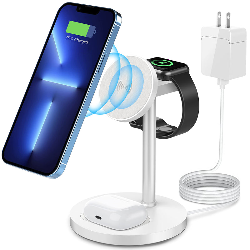  [AUSTRALIA] - 3 in 1 Magnetic Wireless Charging Station for Apple Series, 15W Fast Magsafe Charger Stand for iPhone 14 13 12 Pro Max Mini 14 Plus, MagSafe Charger for iWatch 7/SE/6/5/4/3/2, AirPods Pro/3/2, White