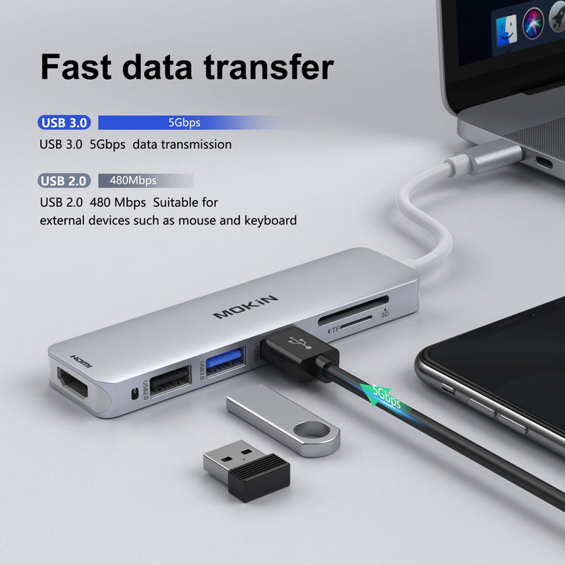 USB C Hub HDMI Adapter for MacBook Pro 2019/2018/2017, MOKiN 5 in 1 Dongle USB-C to HDMI, Sd/TF Card Reader and 2 Ports USB 3.0 (Silver) Silver - LeoForward Australia