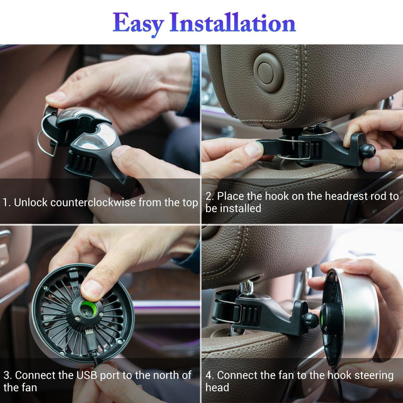 [AUSTRALIA] - Ouffun Car Seat Fan, Mini USB Car Fan for Backseat Car Cooling Fan with LED Colorful Lights, 3 Speeds Strong Wind, Brushless Motor Mute Run, Adjustable Clip Electric Fan for Cars Vans RV SUV Truck