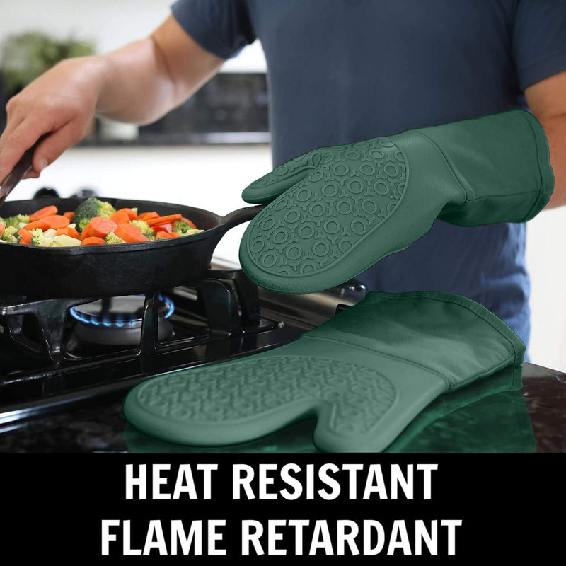  [AUSTRALIA] - HOMWE Extra Long Professional Silicone Oven Mitt, Oven Mitts with Quilted Liner, Heat Resistant Pot Holders, Flexible Oven Gloves, 1 Pair (Green, 13.7 inch) Green