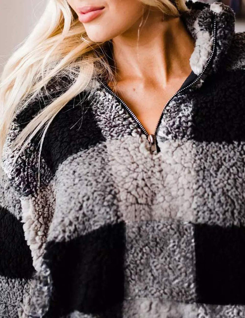 MEROKEETY Women's Plaid Sherpa Fleece Zip Sweatshirt Long Sleeve Pullover Jacket Black Small - LeoForward Australia