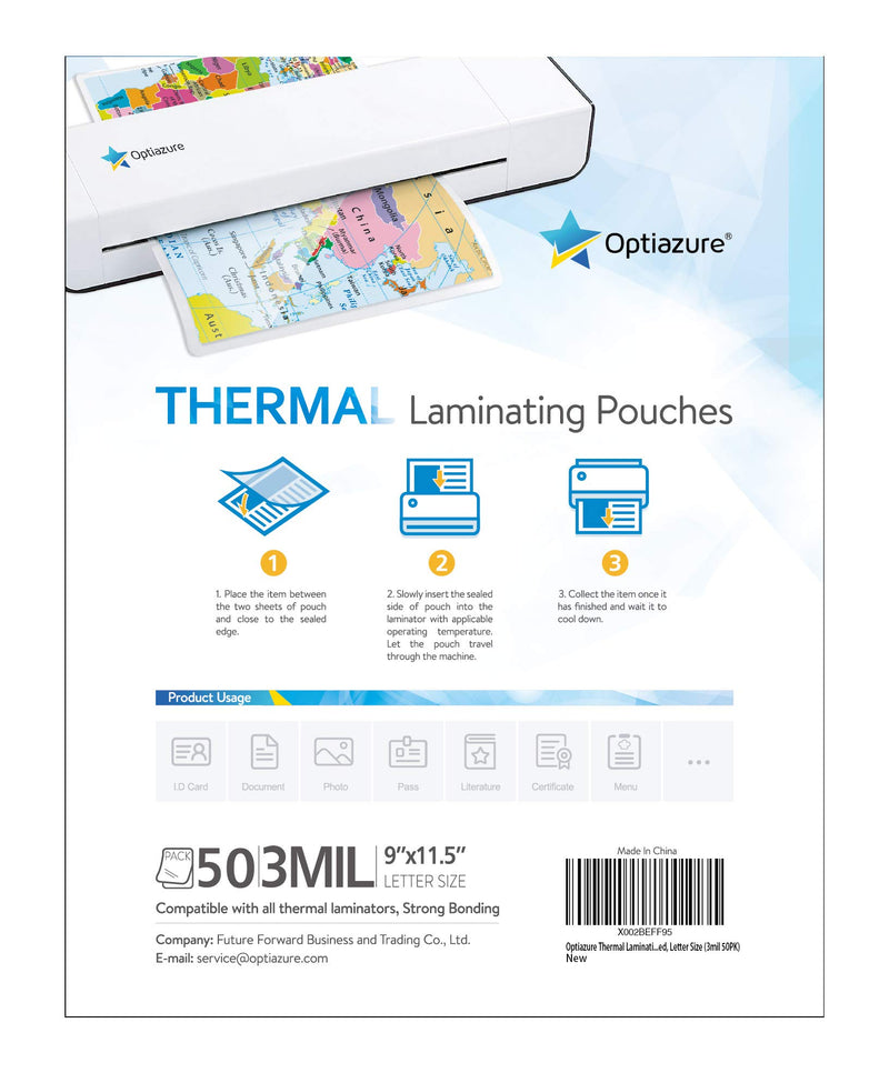  [AUSTRALIA] - Optiazure Thermal Laminating Pouches 9"x11.5" Inches, 3mil 50Pack, Laminated Paper, Clear, Letter Size 3mil 50PK