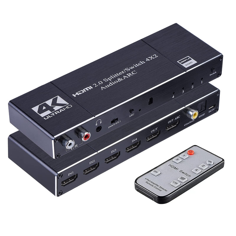  [AUSTRALIA] - 4K HDMI Switch Splitter, 4 in 2 Out HDMI Switch Splitter Support ARC with R/L 3.5mm Audio + Coaxial + SPDIF Audio Extractor Function with IR Remote Control