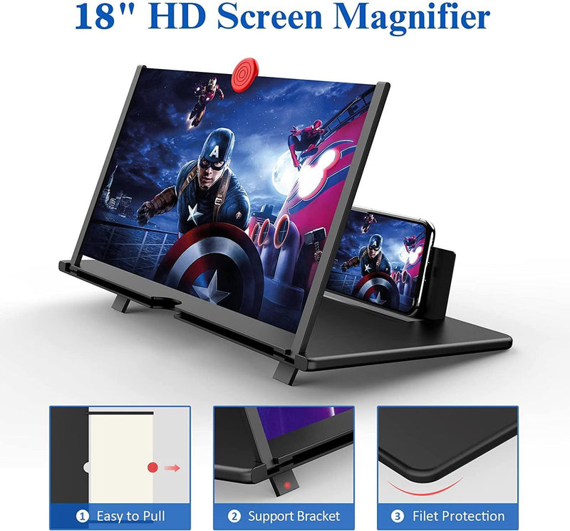  [AUSTRALIA] - 18" Screen Magnifier for Cell Phone – 3D HD Magnifing Screen Enlarger Projector for Movies Videos and Gaming – Foldable Phone Stand Holder with Screen Amplifier–Supports All Smartphones (Black-18inch) Black-18‘’