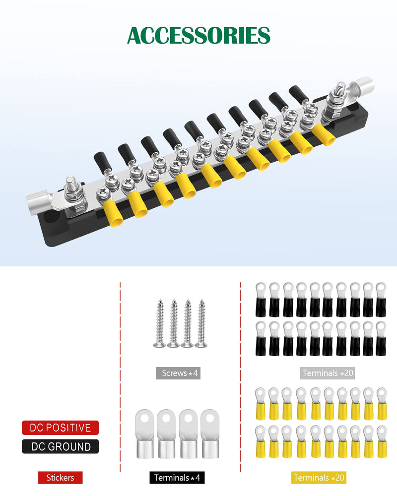  [AUSTRALIA] - LENKRAD 20 Power/Ground Distribution Block Bus Bar, Marine Bus Bar, 150 Amp Battery Terminal Distribution Block for Automotive and RV Solar Wiring, Ground Bus Bar Kit, 2 Packs 20 terminals