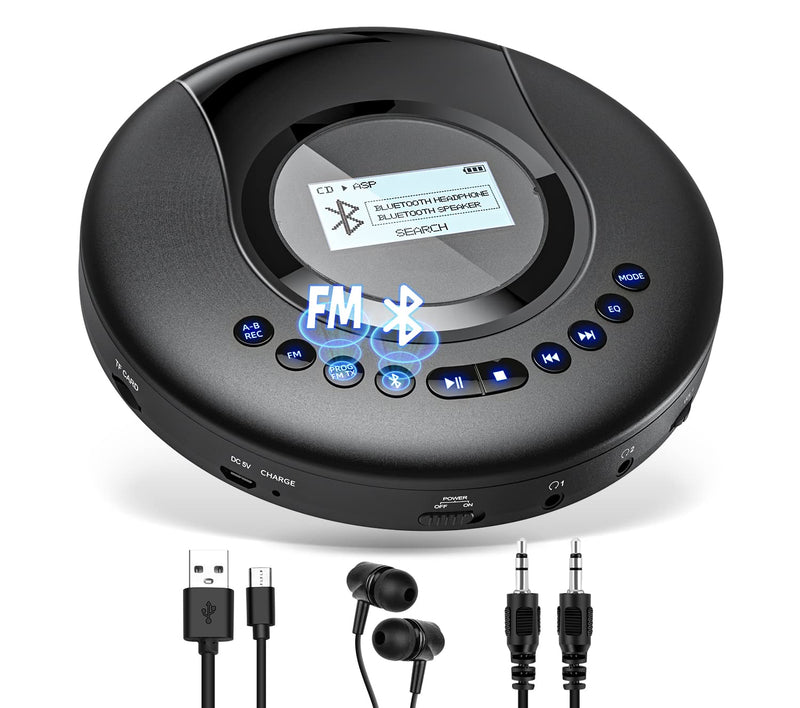  [AUSTRALIA] - CD Player Portable ARAFUNA, Portable CD Player Bluetooth with FM Radio, 2000mAh Rechargeable CD Player for Car with LCD Screen, Anti Shock Protection Walkman CD Player with Headphone, AUX Cable Black