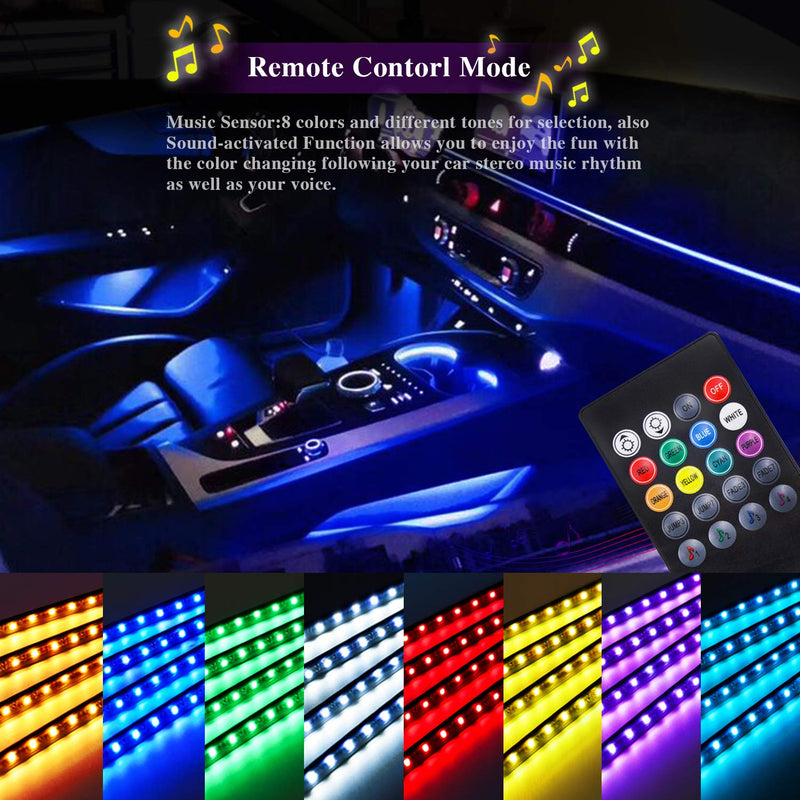  [AUSTRALIA] - LivTee 12V Car LED Strip Light，4pcs 48 LED Multicolor Music Car Interior Lights Under Dash Lighting Waterproof Kit with Sound Active Function and Wireless Remote Control, Car Charger Included A