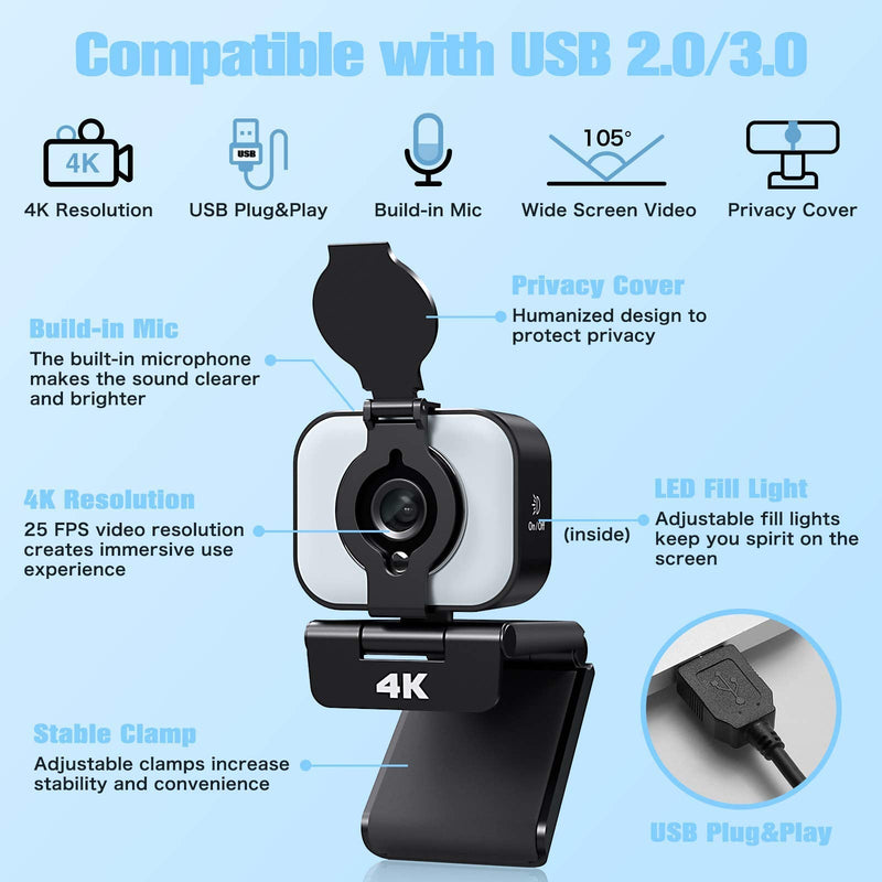  [AUSTRALIA] - 2021 New Version 4K Upgraded Webcam with Adjustable Fill Light and Privacy Cover USB Camera with Microphone Wide Screen Pro Streaming Desktop Laptop Mac Webcam for Face Time Streaming and Conferencing