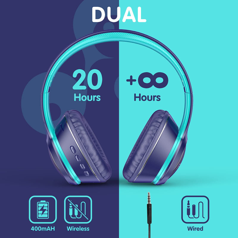  [AUSTRALIA] - FFZ K21 Wireless Kids Headphones, Colorful LED Lights Blue Tooth-V5.0 Headphones Built-in Microphone, Foldable Headset & Soft Earpads, for School/Car/Airplane/Ipad(Navy Blue) Navy Blue