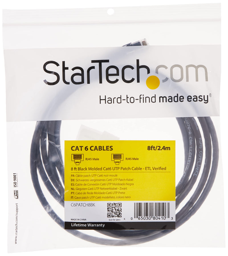  [AUSTRALIA] - StarTech.com 8ft CAT6 Ethernet Cable - Black CAT 6 Gigabit Ethernet Wire -650MHz 100W PoE++ RJ45 UTP Molded Category 6 Network/Patch Cord w/Strain Relief/Fluke Tested UL/TIA Certified (C6PATCH8BK) 8 ft / 2.4 m 1 Pack