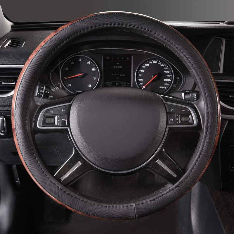 CAR PASS Universal Fit Full Wood Grain Leather Steering Wheel Covers Fit for Suvs,Trucks,Sedans, Anti-Slip Design …(Black) black - LeoForward Australia