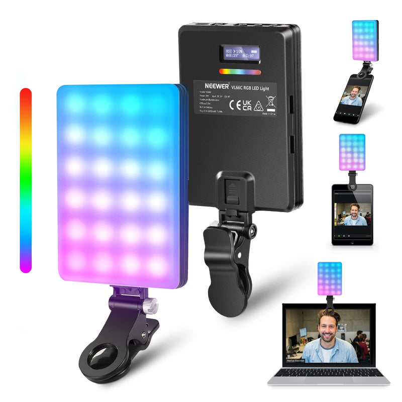  [AUSTRALIA] - NEEWER RGB LED Light for Phone with Phone Holder & Light Clip, Dimmable CRI 97+ 3 Modes Phone Light, Built in 2000mAh Battery for Tablet/Laptop/Video Conference/TikTok/Selfie/Vlog/Live Stream, VL66C