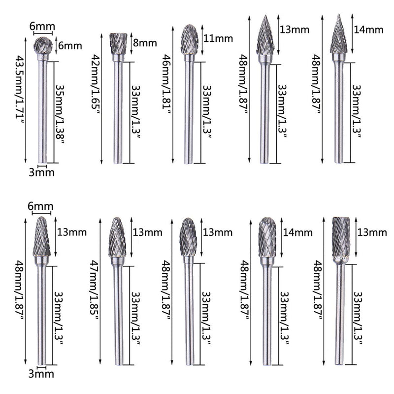 10pcs Double Cut Tungsten Carbide Rotary Files Diamond Burrs Set 3mm Shank Milling Cutter Engraving Bits Fits Rotary Tool for Grinder Drill, DIY Woodworking Carving, Metal Polishing, Drilling - LeoForward Australia