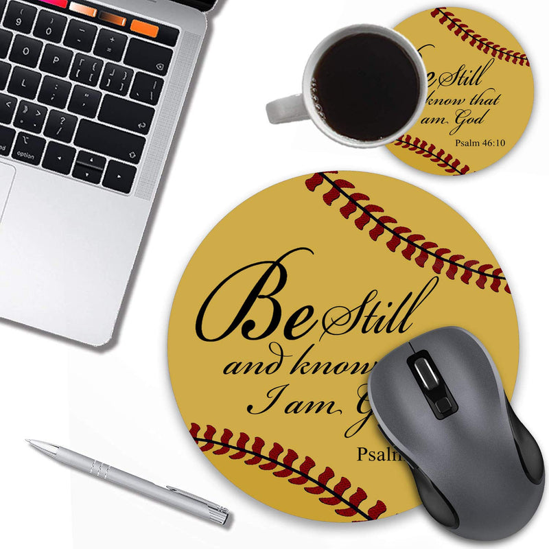 Round Mouse Pad with Coasters Set, Softball Surface Quotes Bible Verse Psalm 46:10 - Be Still and Know That I am God Design Mouse Pad, Non-Slip Rubber Base Mouse Pads for Laptop and Computer - LeoForward Australia