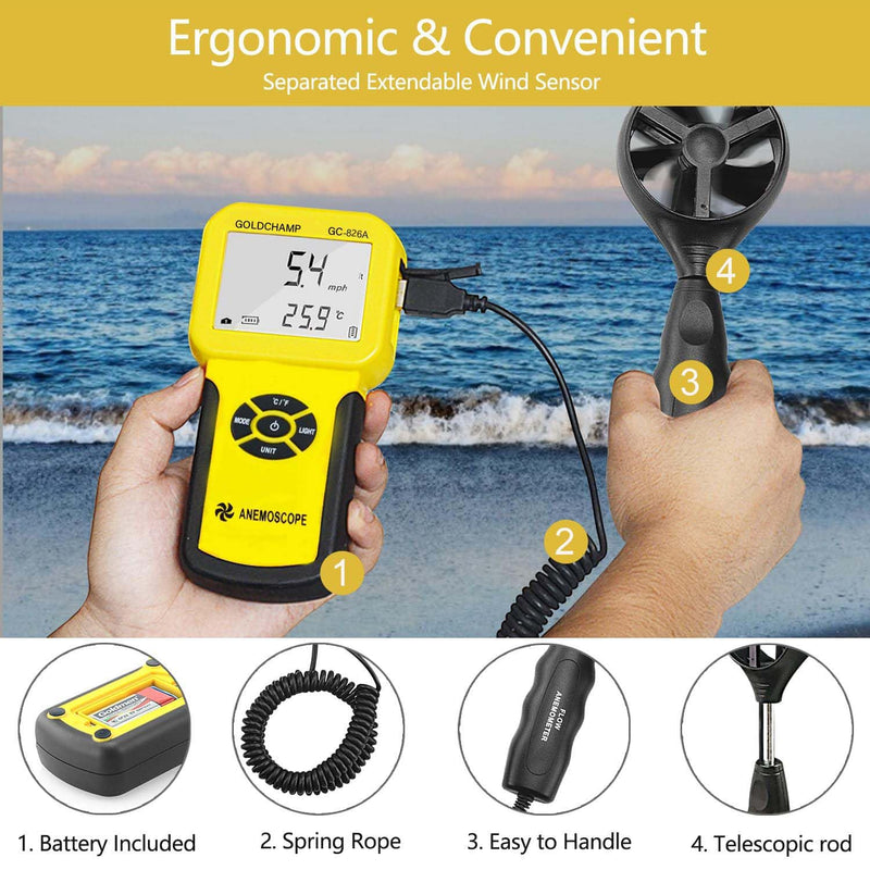  [AUSTRALIA] - Anemometer anemometer, digital anemometer handheld meter 826A anemometer anemometer/temperature ℃/℉, digital anemometer max/min/average/real-time measurement with LCD backlight 2-826A