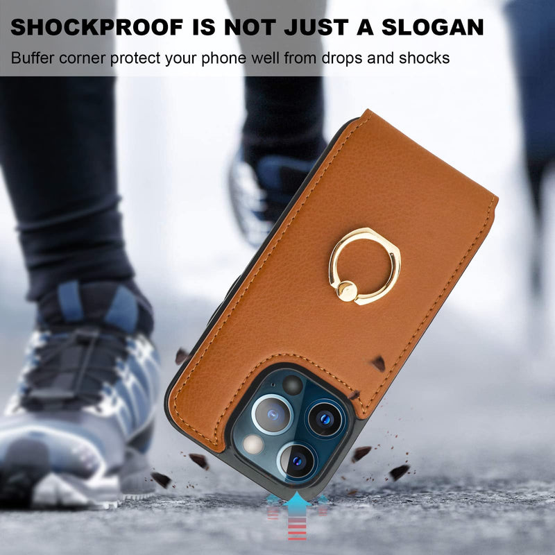  [AUSTRALIA] - Folosu Compatible with iPhone 13 Pro Case Wallet with Card Holder, 360°Rotation Finger Ring Holder Kickstand Protective RFID Blocking PU Leather Double Buttons Flip Shockproof Cover 6.1 Inch Brown