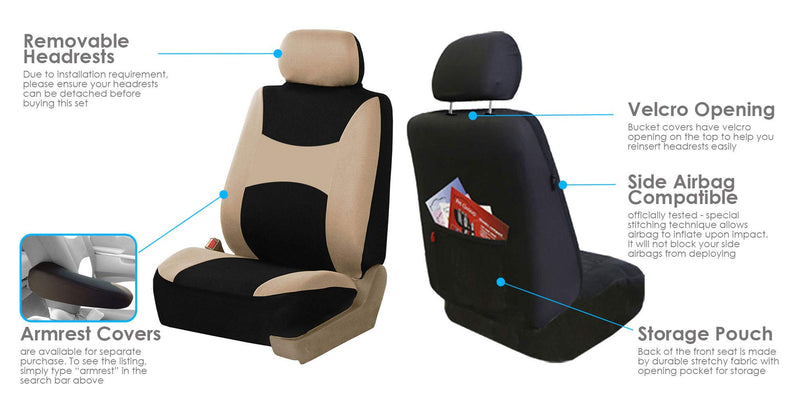  [AUSTRALIA] - TLH Light & Breezy Flat Cloth Seat Covers Front, Airbag Compatible, Beige Black Color-Universal Fit for Cars, Auto, Trucks, SUV BeigeBlack