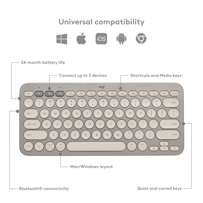  [AUSTRALIA] - Logitech K380 Multi-Device Bluetooth Wireless Keyboard with Easy-Switch for Up to 3 Devices, Slim, 2 Year Battery-PC, Laptop, Windows, Mac, Chrome OS, Android, iPadOS, Apple TV - Sand