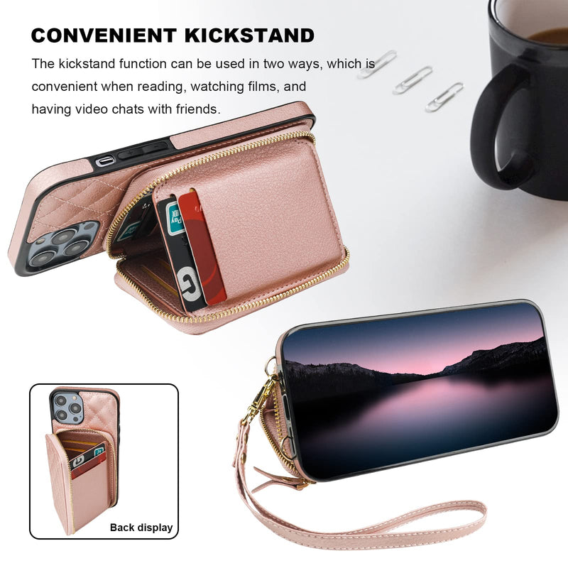  [AUSTRALIA] - Bocasal Crossbody Wallet Case for iPhone 14 Pro Max, RFID Blocking PU Leather Zipper Handbag Purse Flip Cover, Kickstand Folio Case with Card Slots Holder Wrist Strap Lanyard 5G 6.7 Inch (Rose Gold) Rose Gold