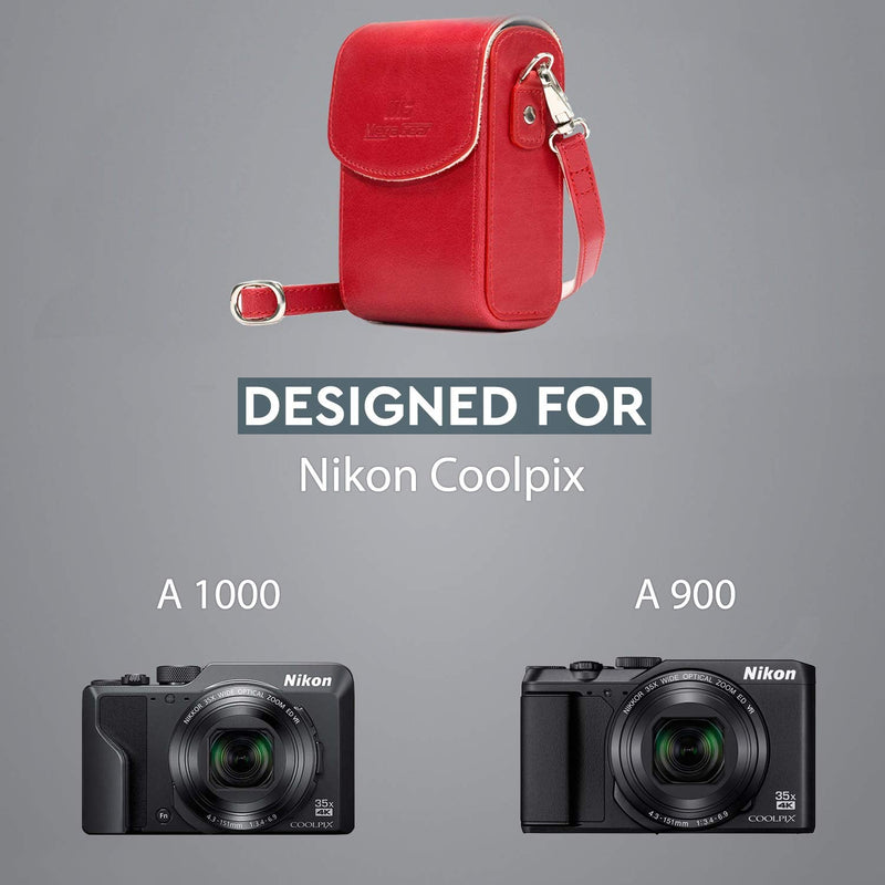  [AUSTRALIA] - MegaGear Leather Camera Case with Strap Compatible with Nikon Coolpix A1000, A900 Red