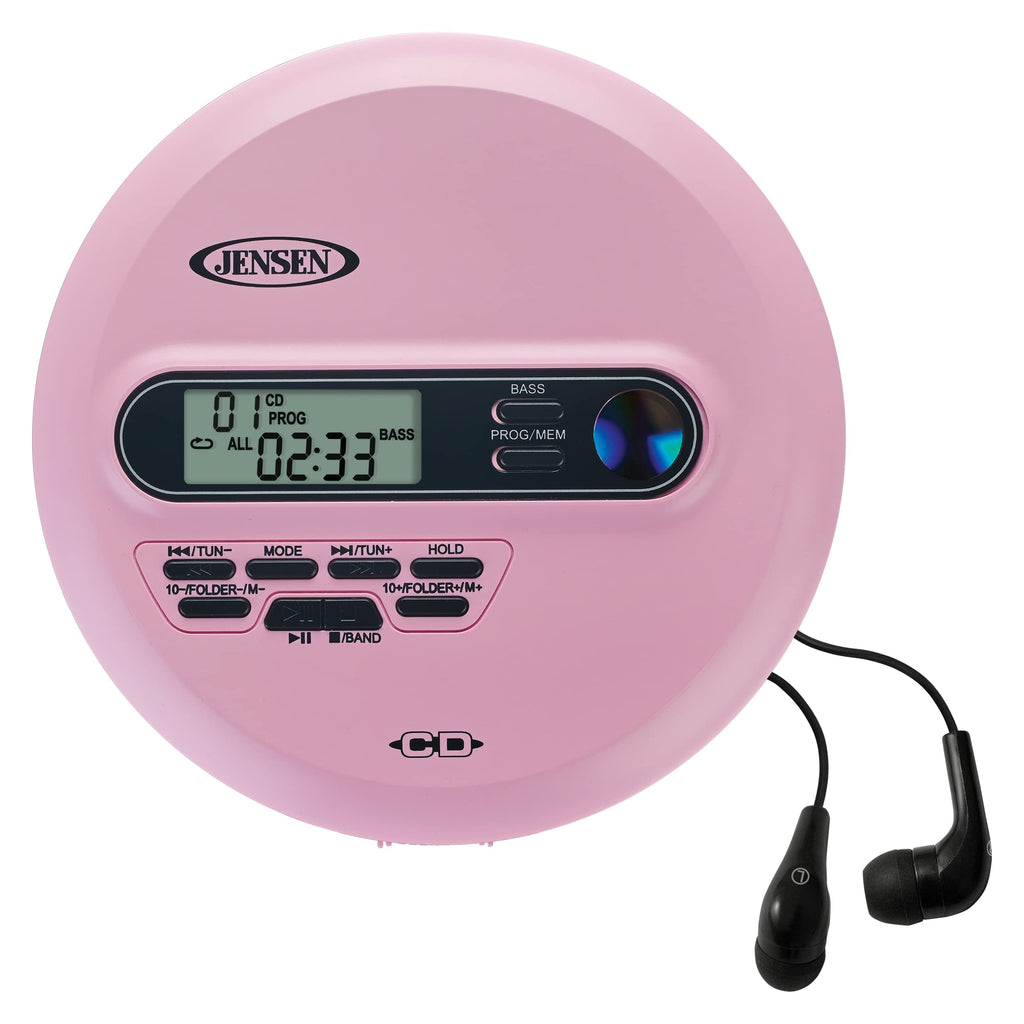  [AUSTRALIA] - Jensen CD-65 Pink Portable Personal CD Player CD/MP3 Player + Digital AM/FM Radio + with LCD Display Bass Boost 60-Second Anti Skip CD R/RW/Compatible Sport Earbuds Included (Limited Edition Color)